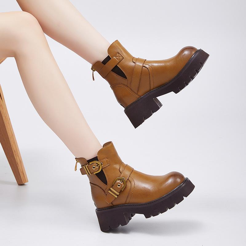 Leather Martin Boots Women's 2025 Autumn and Winter New Chelsea Boots Smoke Boots Short Boots Brown Platform Boots Western Cowboys