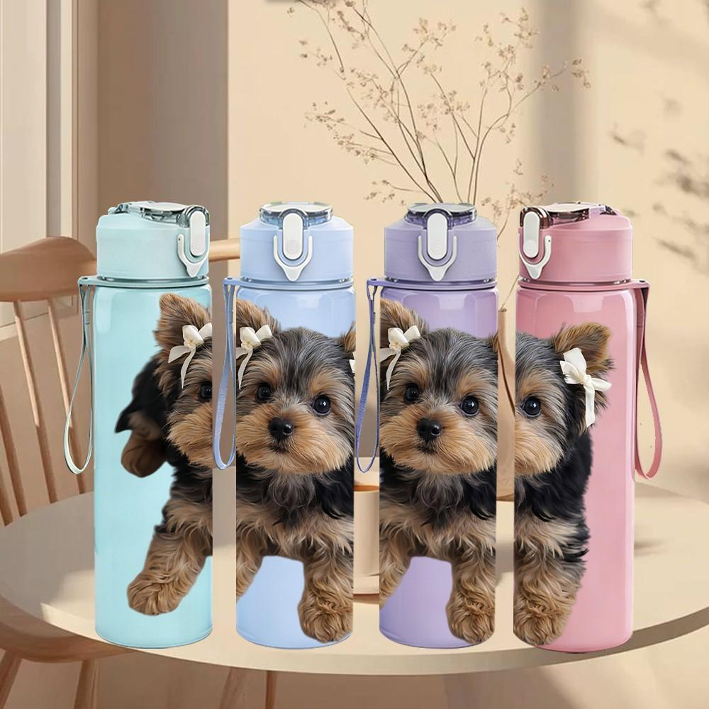 1PC Fluffy Faced Yorkie Puppy 750ml Color Plastic Sports Water Bottle Leakproof Flip Straw Lid Suitable for Sports Office Home Use