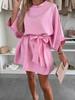 2025 Women's Solid Color Round Neck Tie Casual Dress - Europe & America Style