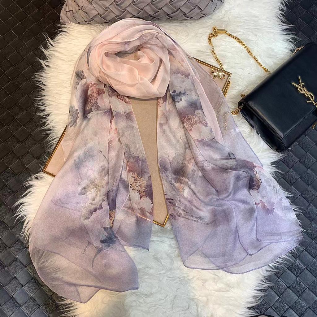 [Bysifa] Grey Blue Silk Scarf Cape Fashion Ladies 100% Silk Long Scarves Foulard Women Plaisley Design Chiffon Scarves Bufandas