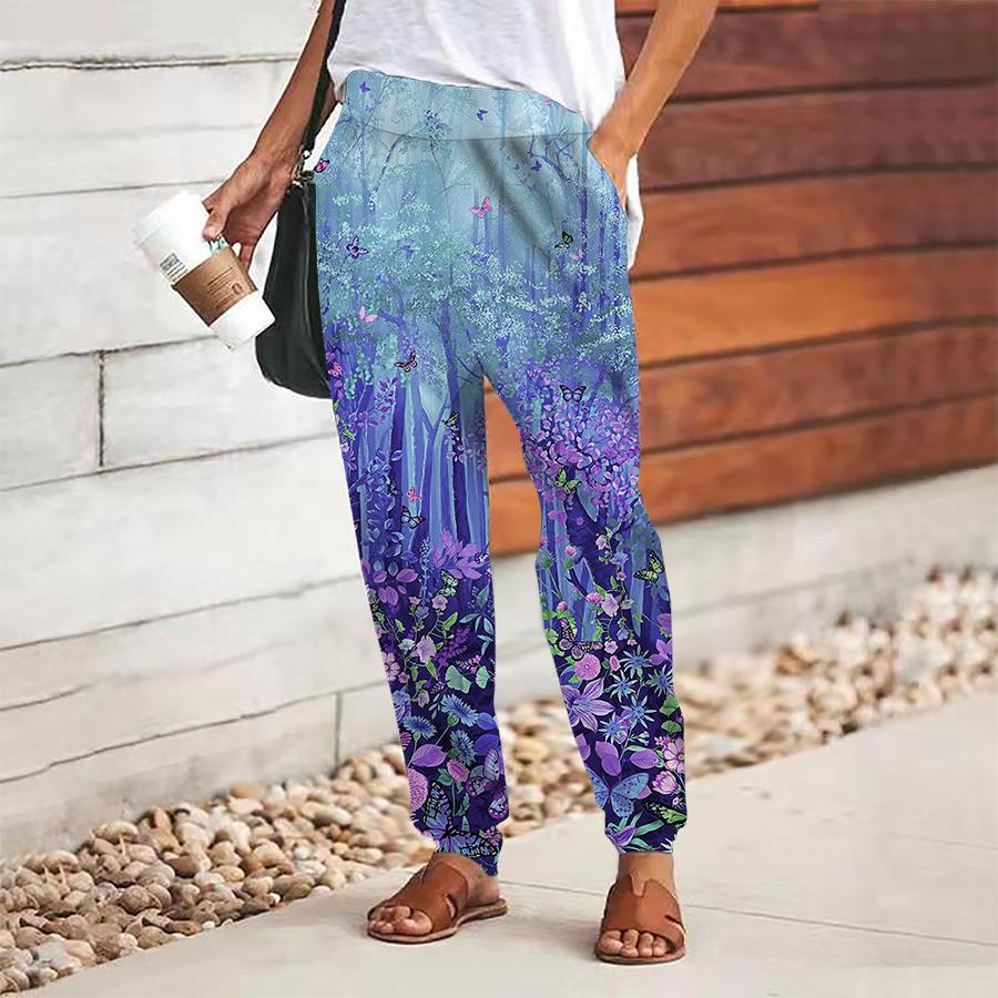 Women Forest Printing Pants Lace Up Elastic Waist Loose  Trousers Casual Long Pants Trousers with Pockets