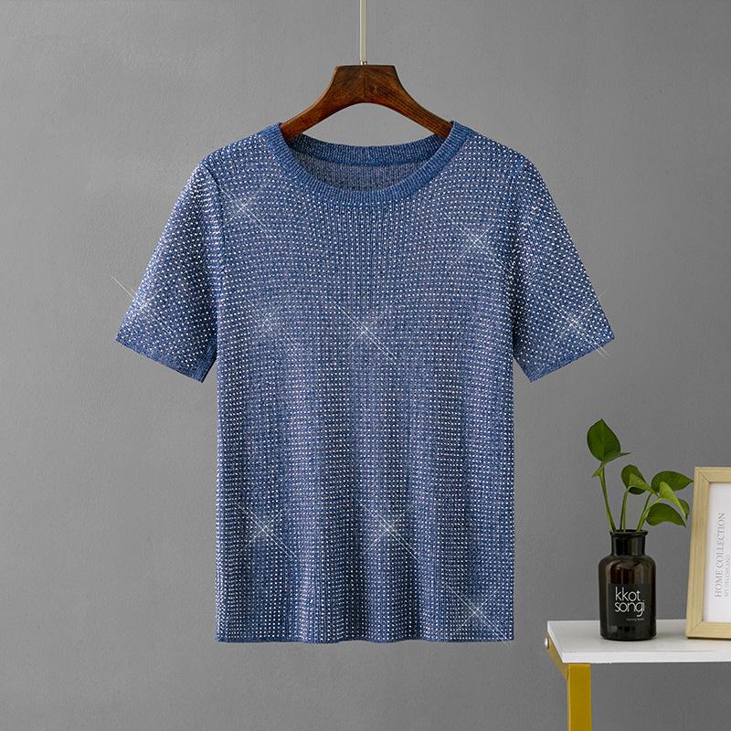 Summer Womens Fashion Basic Knitted T-shirts Female Solid Diamond Round Neck Bottoming Short Sleeve Loose Pullover Tops Solid T-shirts
