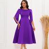 Womens Elegant High Waist Round Neck Trumpet Sleeve Solid A Line Midi Evening Party Dress