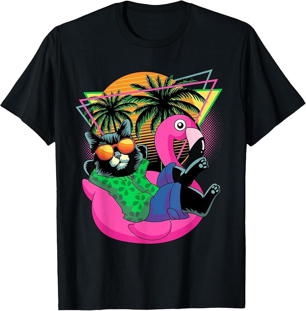 Retro 80s 90s Flamingo Cat Gifts Funny Cat TShirt Unisex T-Shirt S