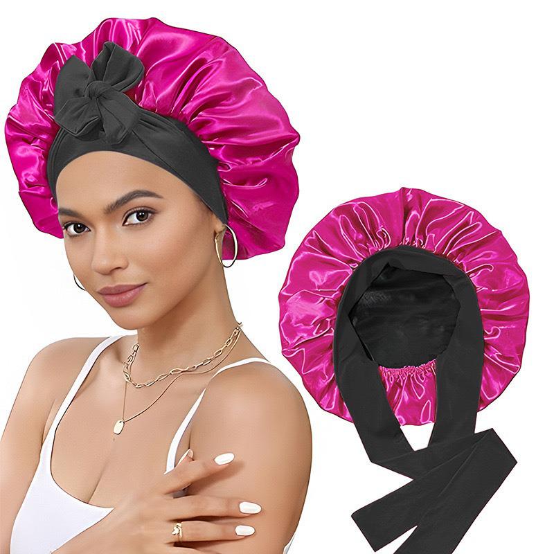 Double-Layer Satin Bow Tie Sleep Cap for Women - Reversible Bandana Style Bonnet for Hair Care