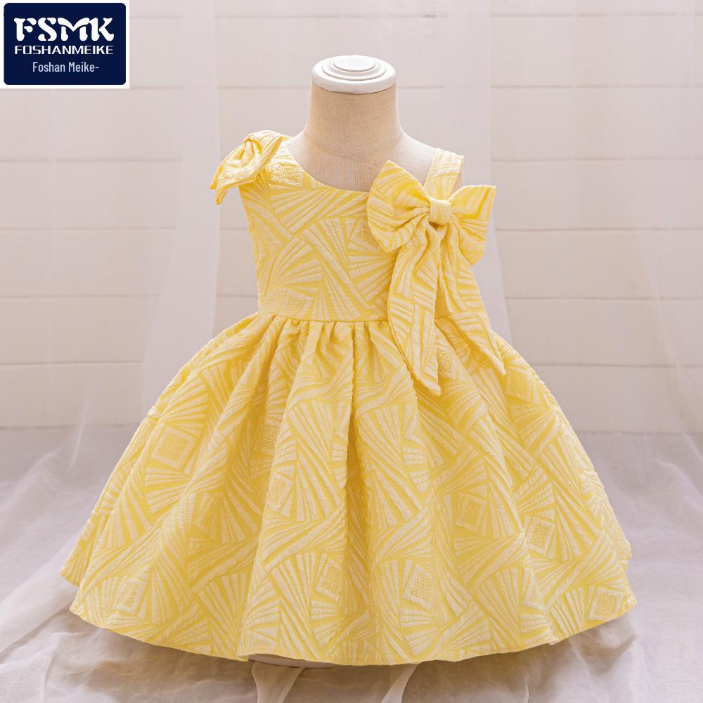 Girls' One-Year-Old Princess Gown with Puffy Skirt and Satin Bow
