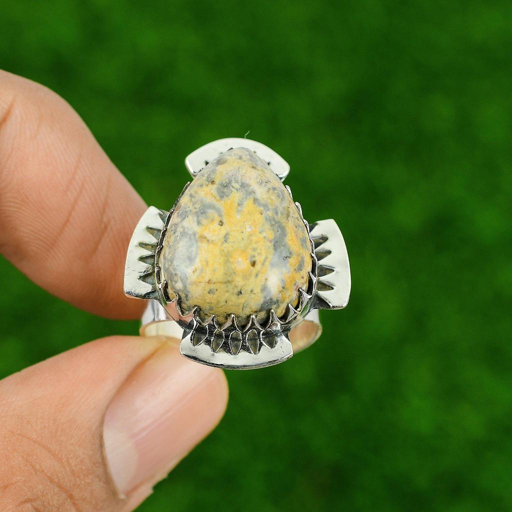 Oval Dendritic Rhyolite Gemstone Wedding Statement Bezel Elegant Ring 925 Silver