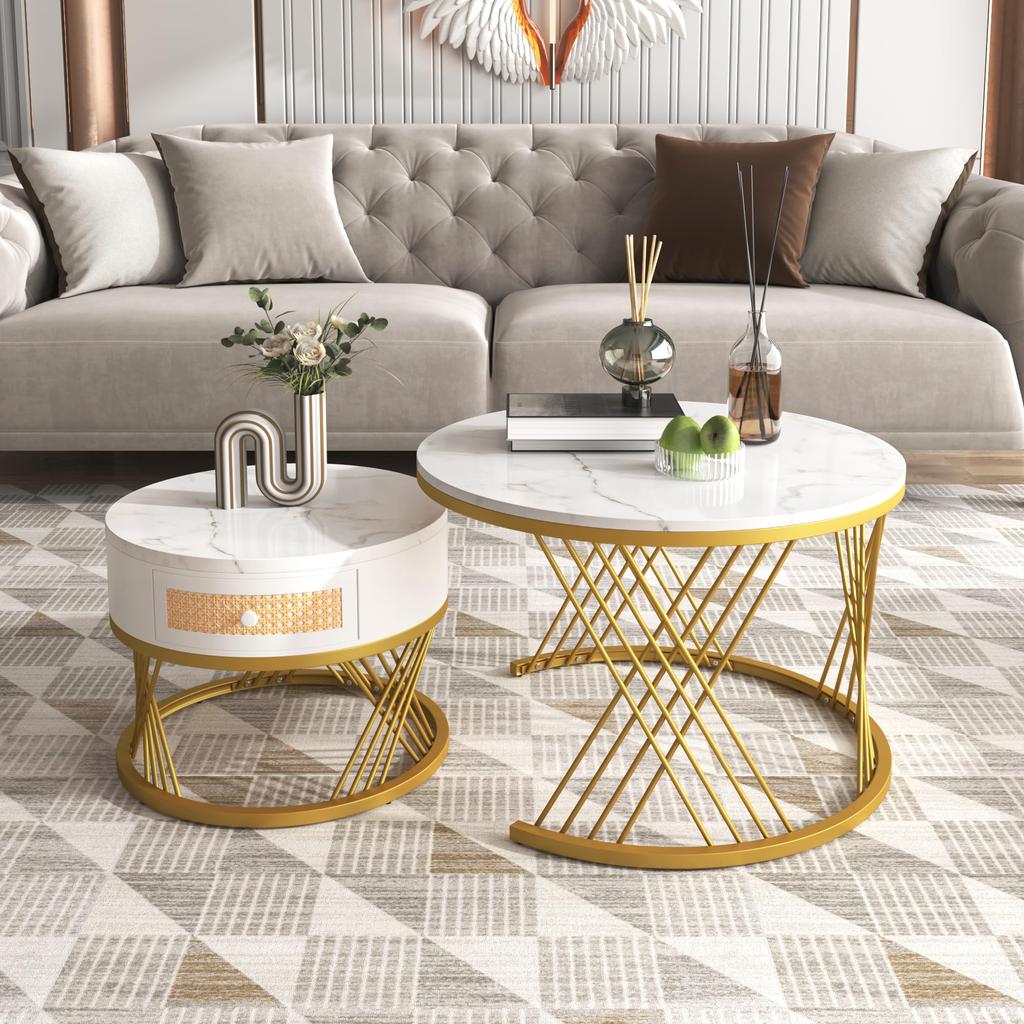 Couchtisch 2er Set, Rund Wohnzimmertisch mit Marmor Furnier, Coffee Table aus Holz mit Schublade, Metallgestell, Schwarz und Gold