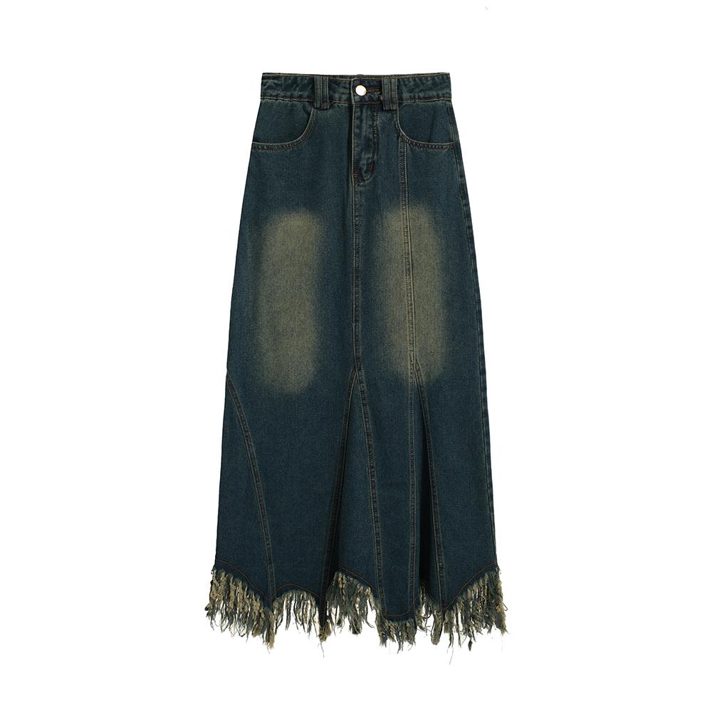Asymmetrical Hem Denim Skirt Women Long Fringe  Skirts Trendy Outfit Clothes