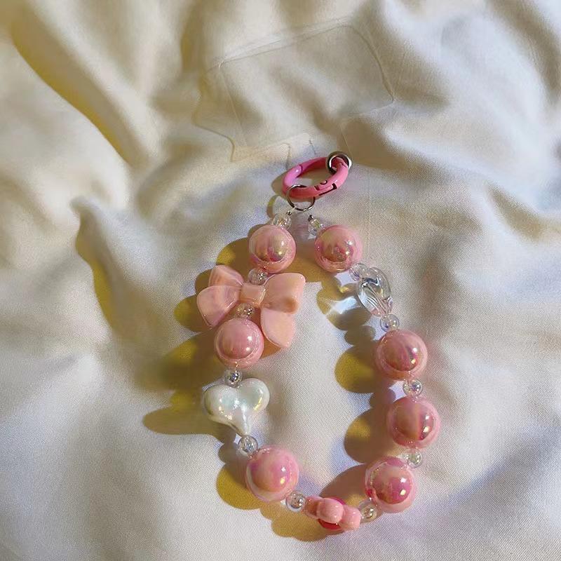 Trendy Heart Bowknot Beaded Bracelet & Phone Case Keychain Charm