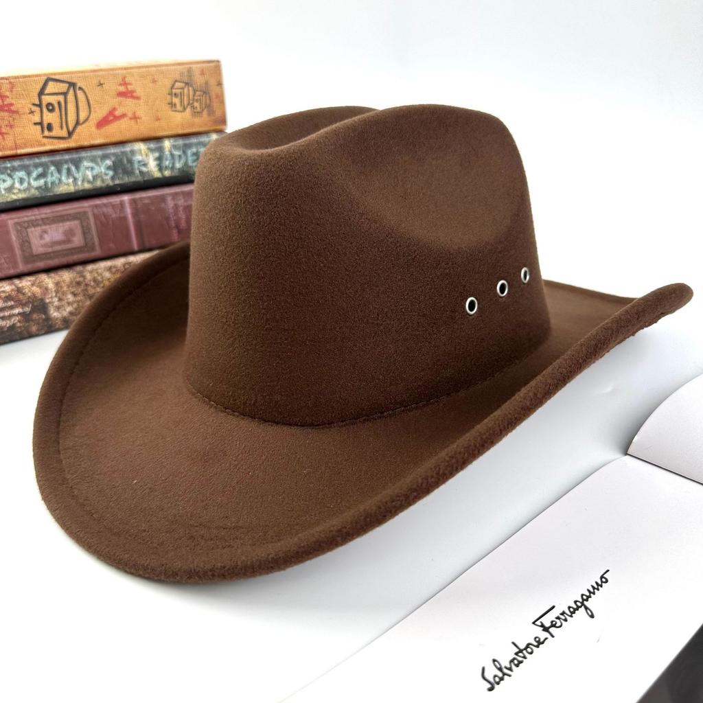 Men'S And Women'S Cowboy Hats Woolen One-Word Top Fashion Punched Hat Jazz Hat Big-Brimmed Top Hat