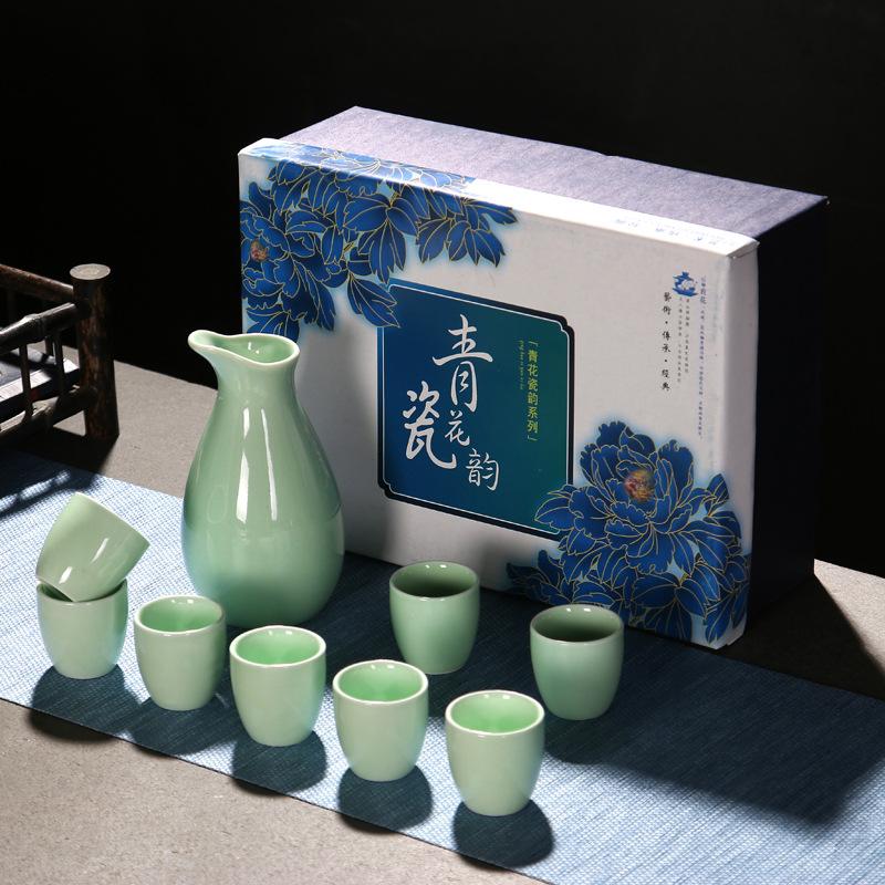 

Handmade Celadon Sake Ware Set Japanese Style Ceramic 1 Flask 8 Cups For Formal Occasion Collection