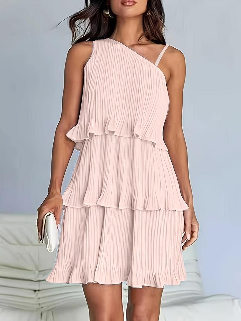 2026 European Cross-Border Women's One-Shoulder Layered Patchwork Pleated Dress