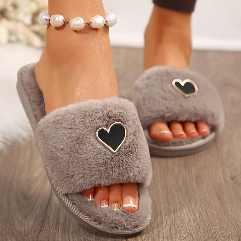 Fashion Fashion Heart Decor Plush Slippers for Women Winter Warm Comfortable Indoor Floor Slippers Woman Open Toe Fluffy House Slides