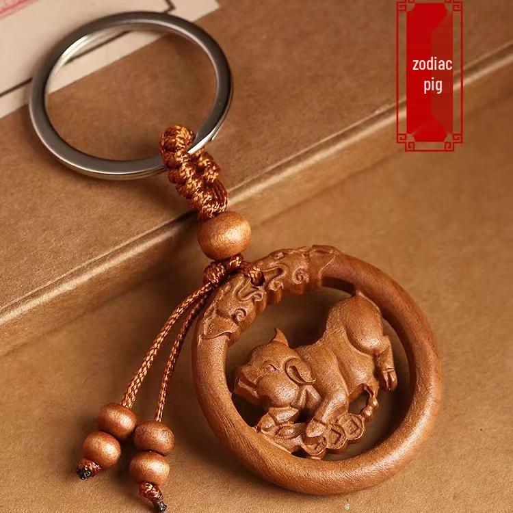 Peach Wood Zodiac Keychains: Year of the Dragon Pendant with Rat, Ox, Tiger Carvings - Carry-on Ornament Gift