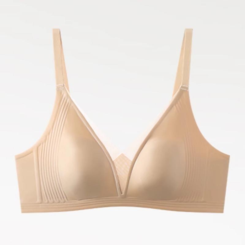 

Beige Deep V Seamless Bra Adjustable Straps Wireless Everyday Lingerie M тілесний