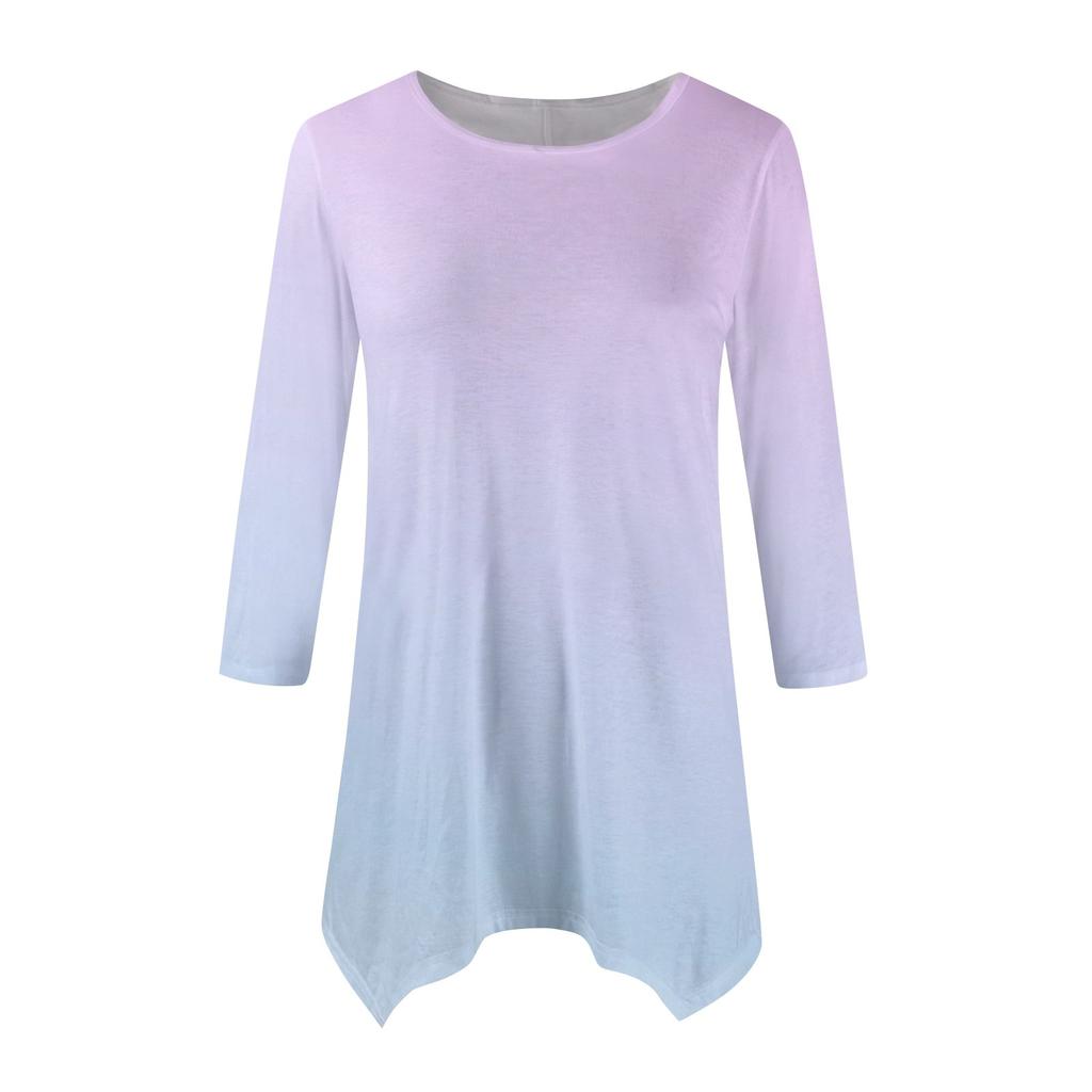 Women's Fashion Casual Crew-neck Gradual Print Seven-point Sleeve Shirt Belted Loose Comfortable Top