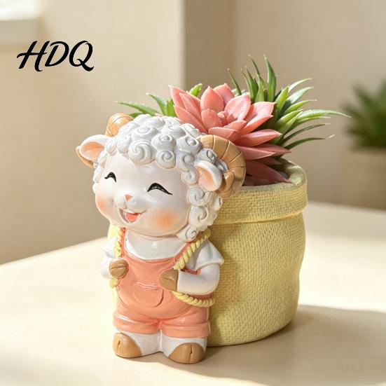 Desk Decorative Ornament Cute Lamb Planter, Cartoon Sheep Carring Bag Plant Pot, Lovely Shaped Decor Small Resin Flower Pot for Succulents,