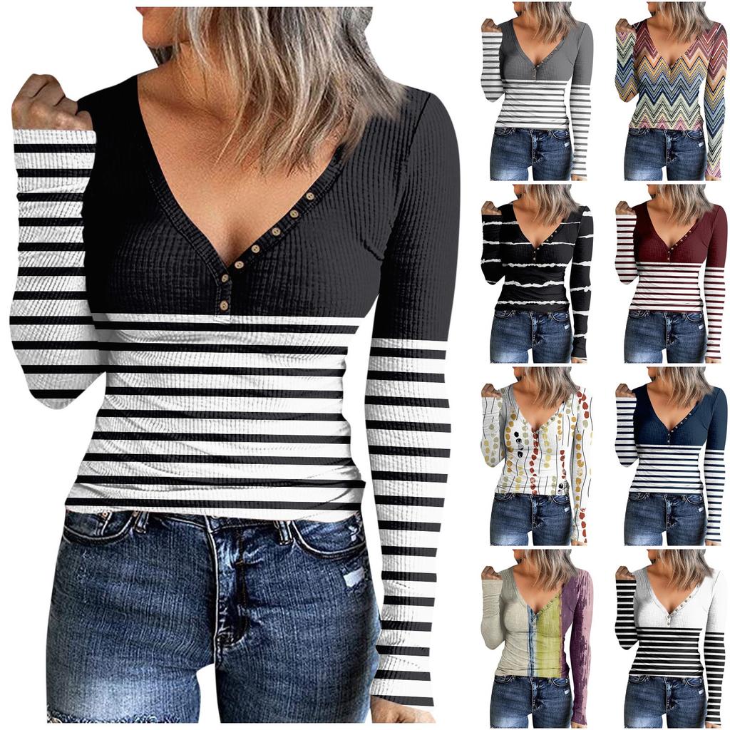 Women's V Neck T-shirt Fashion Casual Print Button Long Sleeve Top