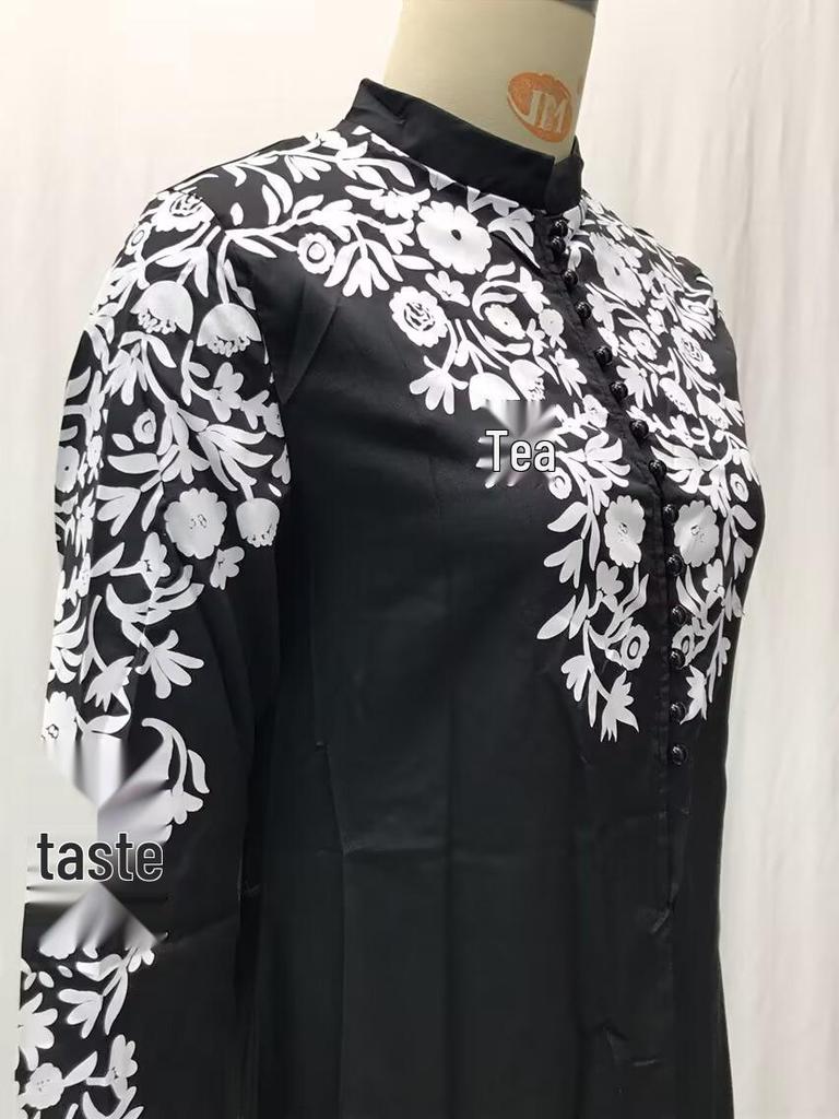 2025 Ethnic Style Muslim Women's Long Sleeve Stand Collar Printed Swing Skirt - PP1491