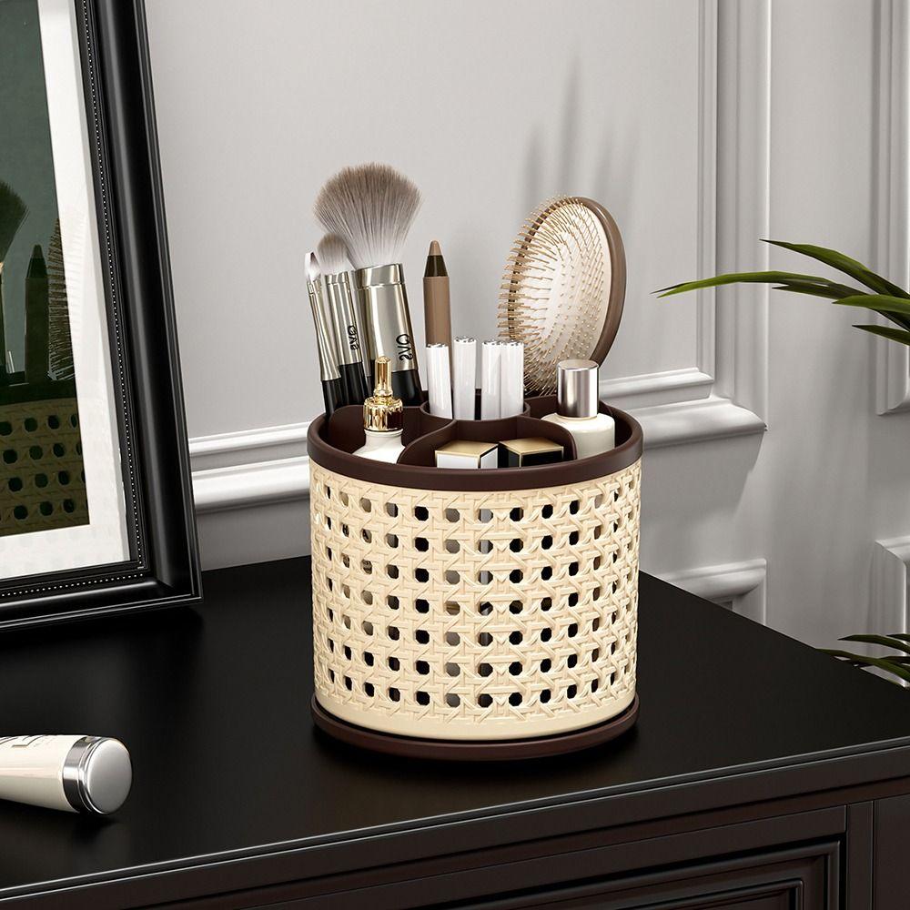 360° Rotating Desktop Pen Holder Multifunctional Grid Design Cosmetic Storage Box Vintage Large Capacity