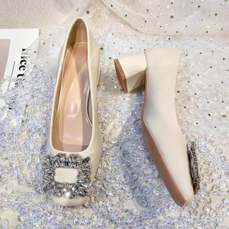 

Autumn rhinestone square head thick heel single shoes women s new fashionable versatile soft leather shallow mouth temperament middle heel shoes 40