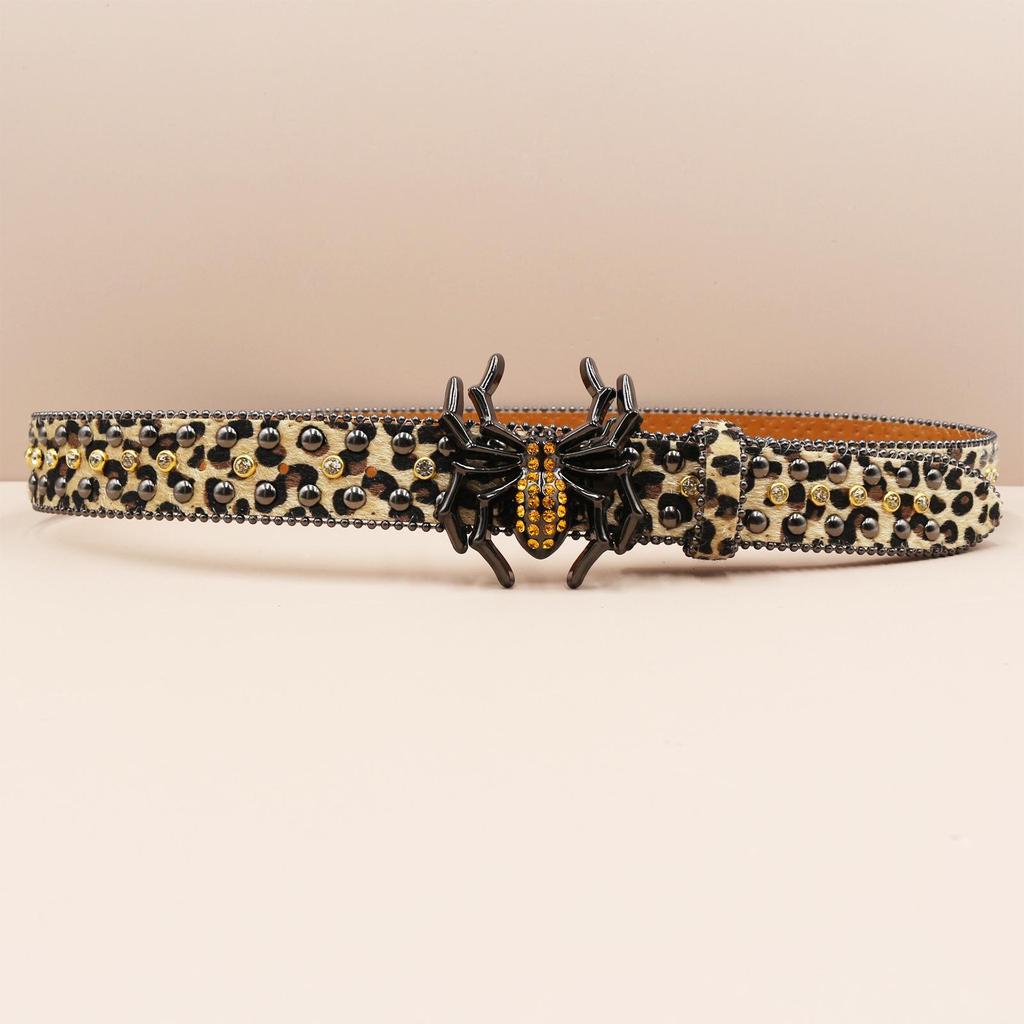 Leopard Print Rhinestone Punk Leather Belt - Y2K Style Women's Decorative Waistband