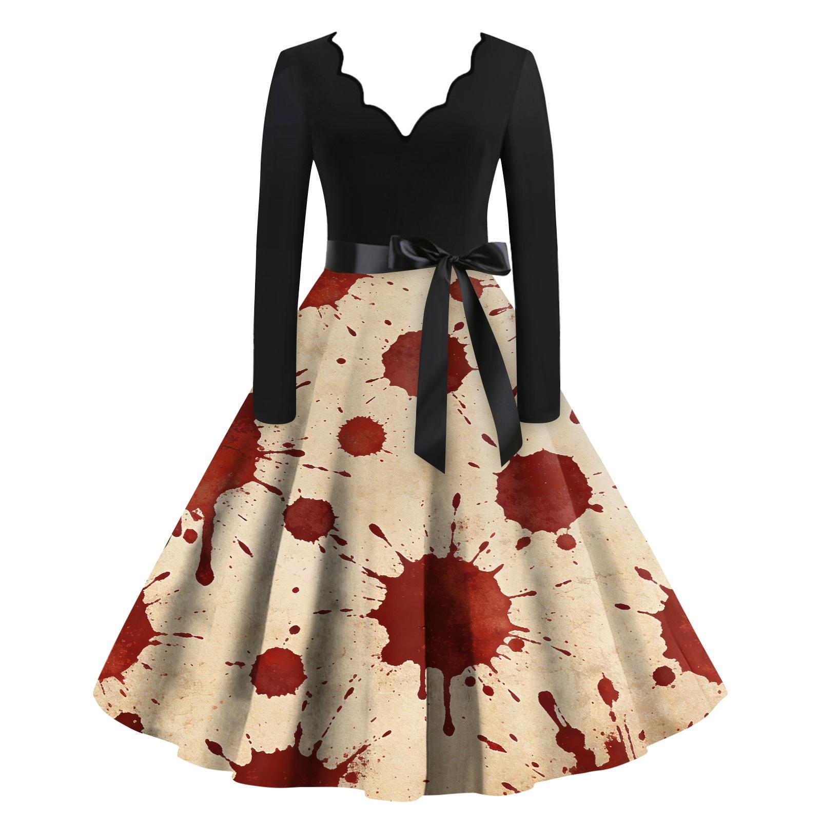 Women s Trendy V-Neck Long Sleeve Halloween Print Dress for Casual Occasions L