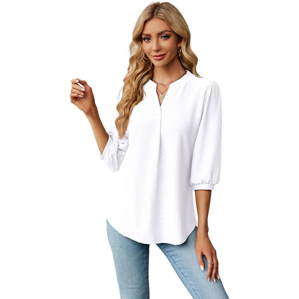 2024 Women's Autumn/Winter V-neck Jacquard Solid Color Loose Three-quarter Sleeve T-shirt