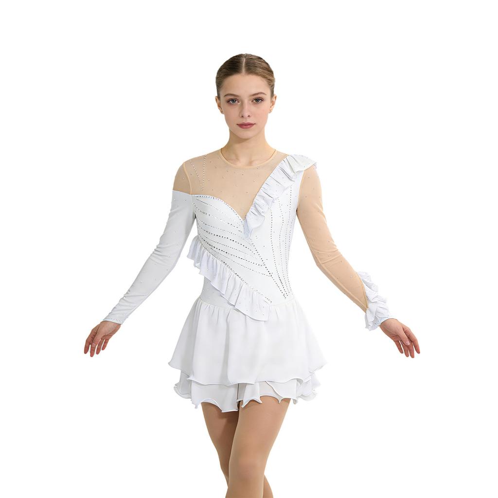 Womens Figure Skating Leotard Dress Ruffled Trim Rhinestones Tiered Chiffon Hem Skirt