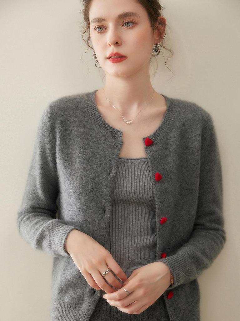 Women's Cashmere Round Neck Cardigan - Soft Knitwear with Heart Buttons, Versatile Base Layer Top, Solid Color Casual Outerwear