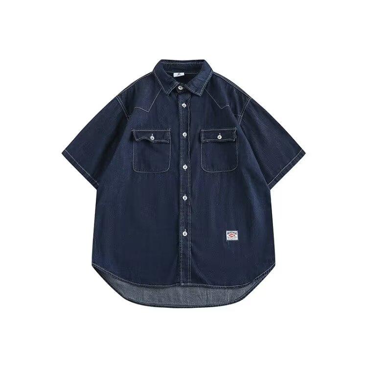 Japansk Retro Mote Merke Sommer Løs Denim Kortarmet Skjorte Kunstnerisk Ungdom Arbeidsklær Skjorte Herre- Og Dame Lagvis Jakke