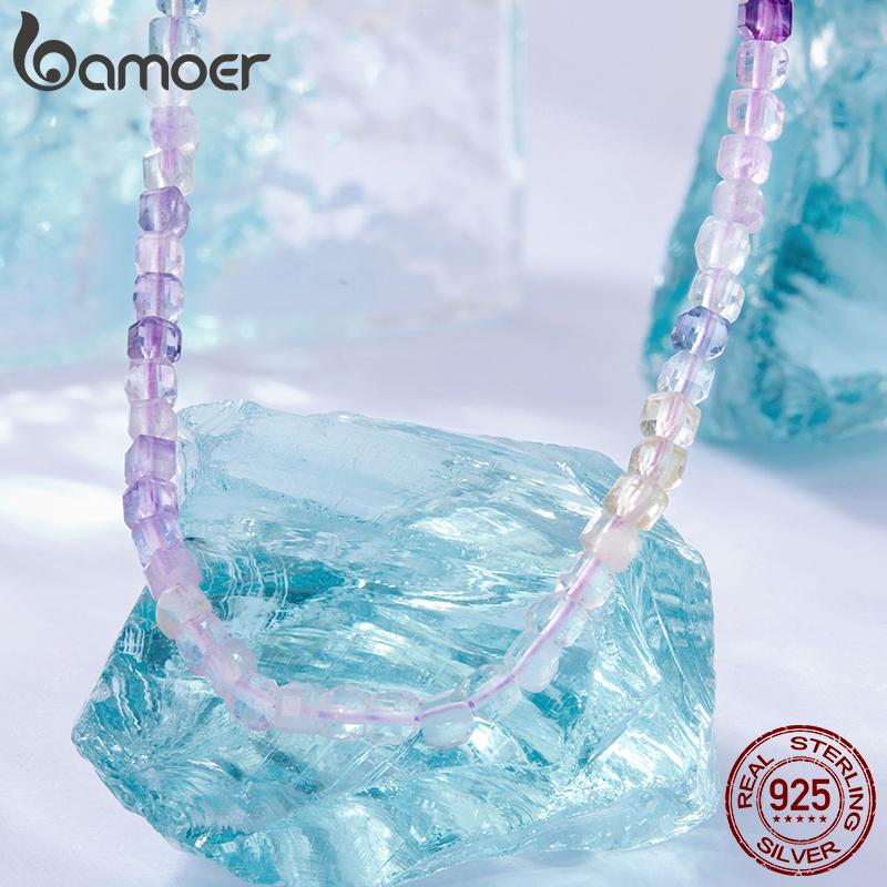 BAMOER Purple Crystal Necklace Colorful Transparent Basic Beads Chain for Women Teens Stacking Jewelry 925 Silver