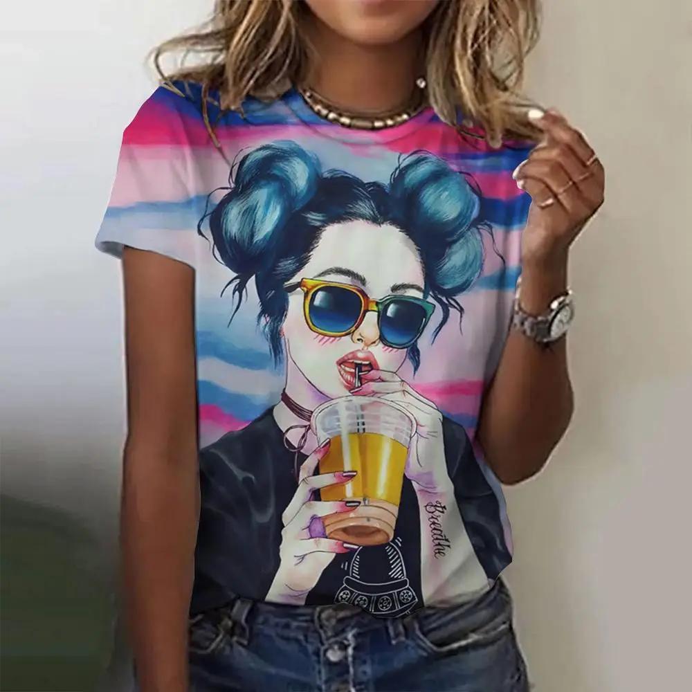New Women's Cartoon Character Printed T-shirt Harajuku Retro Short Sleeved T-shirt Fun Round Neck Top Plus Size Women's Clothing