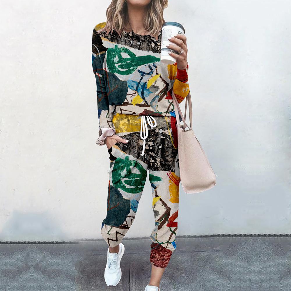 High-End Fashion Sports Sweater Set Women'S Autumn Loose Casual Long-Sleeved Printed Top Bundle Leg Pants Two-Piece Set