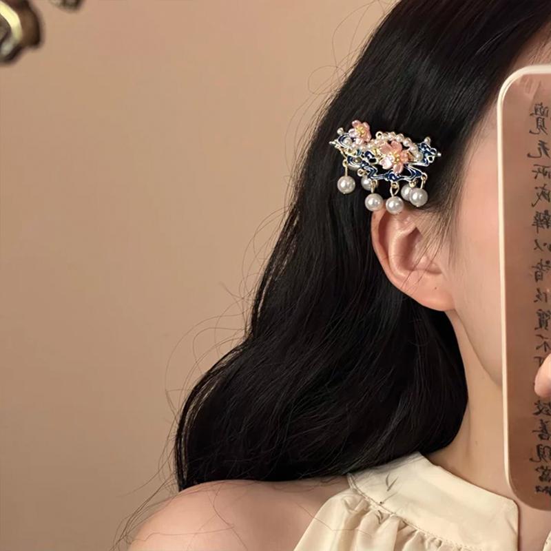 Vintage Chinese Style Pearl Tassel Hair Clips Enamel Flower Hair Pins For Women Hanfu Wedding Hair Accessories