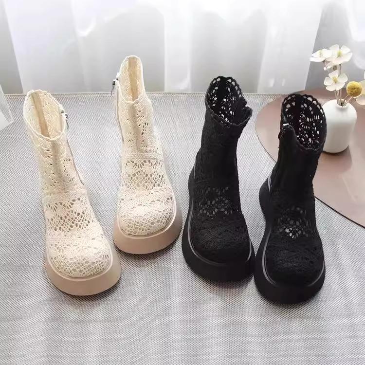 Women's Summer Breathable Boots Thin Hollow Lace Mesh Ankle Boots with Chunky Sole Boho Style