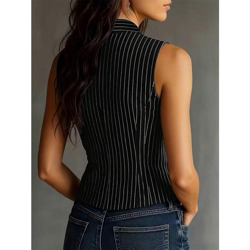 Women Elegant Striped Sleeveless Slim Fit Shirt Vest