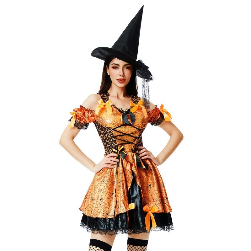 Witch Costume Women Halloween Cosplay Dress Set Sexy Gothic Party Outfit Pumpkin Theme Role Play