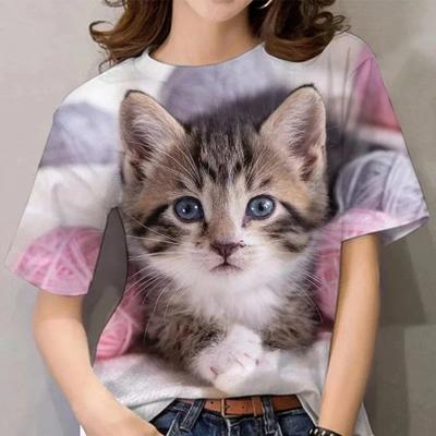 T-Shirts Overzise for Women 2024 3d Cute Cat Print O-Neck Short Sleeve Tees Tops Kawaii Casual T Shirts Aesthetic Tops Woman