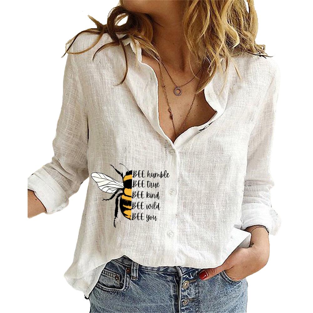 Women Fashion Long Sleeved Cotton Linen Shirt Summer&autumn Loose Print Top Ladies Casual Button-up Blouse