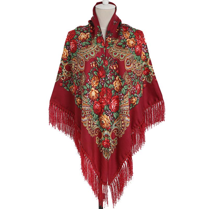 Ethnic Print Tassel Shawl: Large Square Scarf for Women - Autumn/Winter Style
