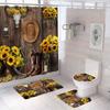 4PCS Western Shower Curtain Sets With Rugs, Country Barn Door Shower Curtain, Waterproof Fabric Brown Shower Curtain Cow Skull Cowboy Boots Hat