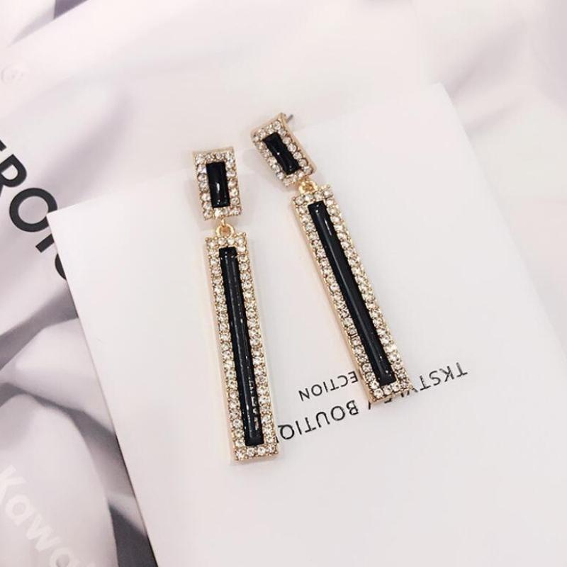 Fashion Black Color Enamel Rectangle Drop Earrings for Women Geometric Inlay Rhinestone Long Ear Wedding Party Jewelry