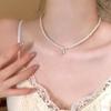 Women's Elegant Zircon Bow Pendant Pearl Choker Necklace