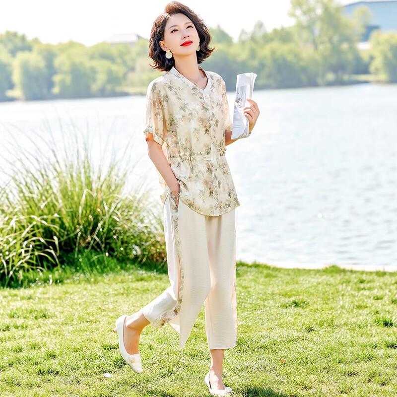 XUEXI Women s Printed Chiffon Short-Sleeve Top Set 4XL