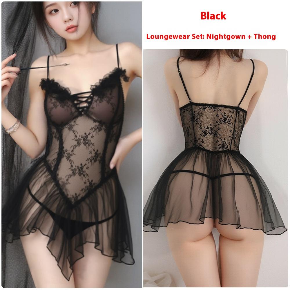 Sexy Lingerie Sexy Lace Mesh Splicing Perspective Dress Deep V Flirting Bed Female Seduction Nightgown Pure Passion
