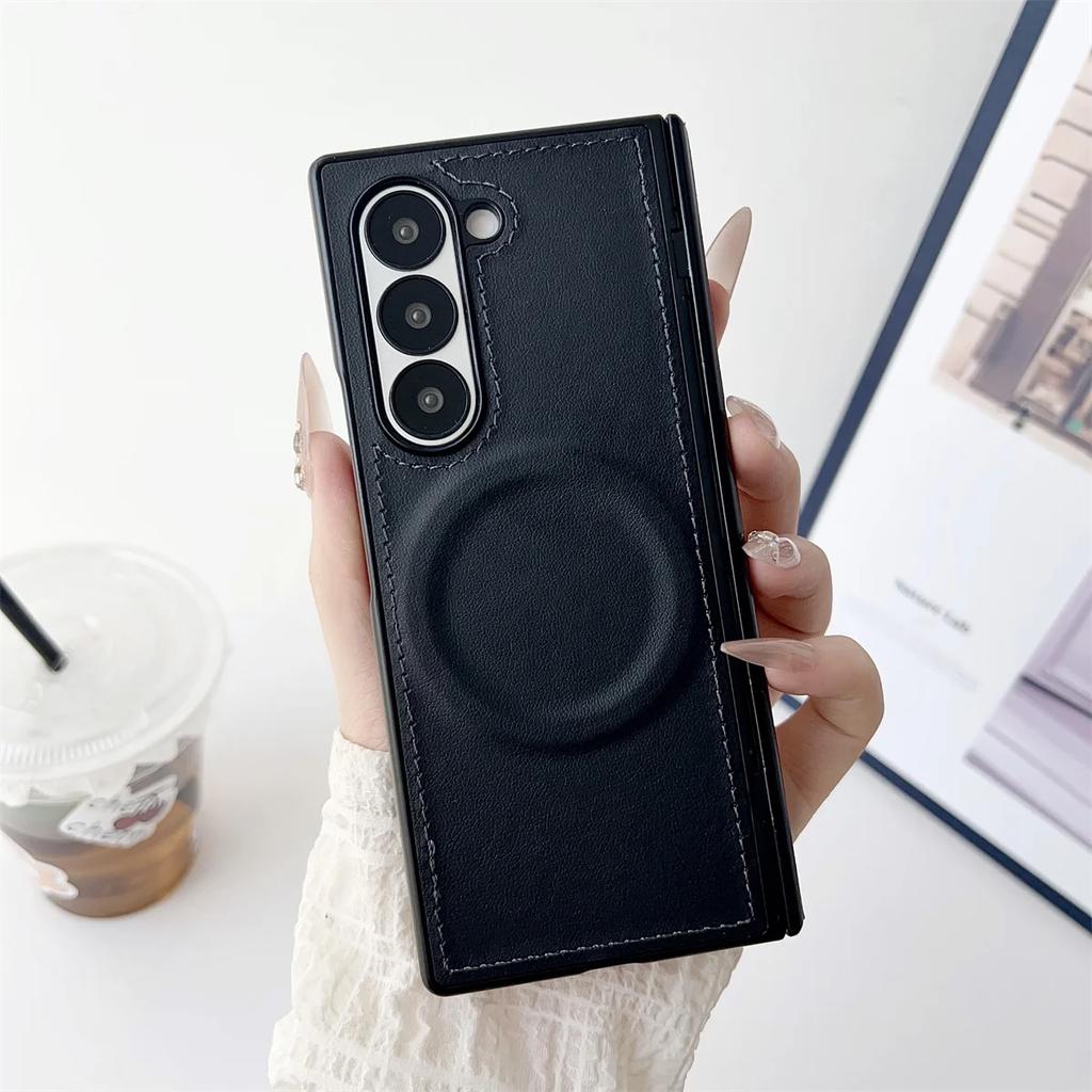 Magnetic Leather Phone Case for Samsung Galaxy Z Fold 7 6 5 4 3 Fold7 Fold6 Fold5 5G with Magsafe Protective Cover for Hinges