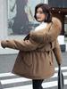 Faux Fur Collar Zip Up Jacket Coat, Elegant Long Sleeve Drawstring Waist Warm Outerwear for Fall & Winter, Women'S Clothing