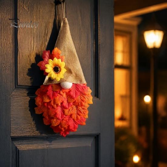 Front Door Hanging Wreath Autumn Gnome Maple Leaf with LED Lights, Rustic Pointed Hat Fall Hanging, Farmhouse Harvest Thanksgiving Home Decor Vintage